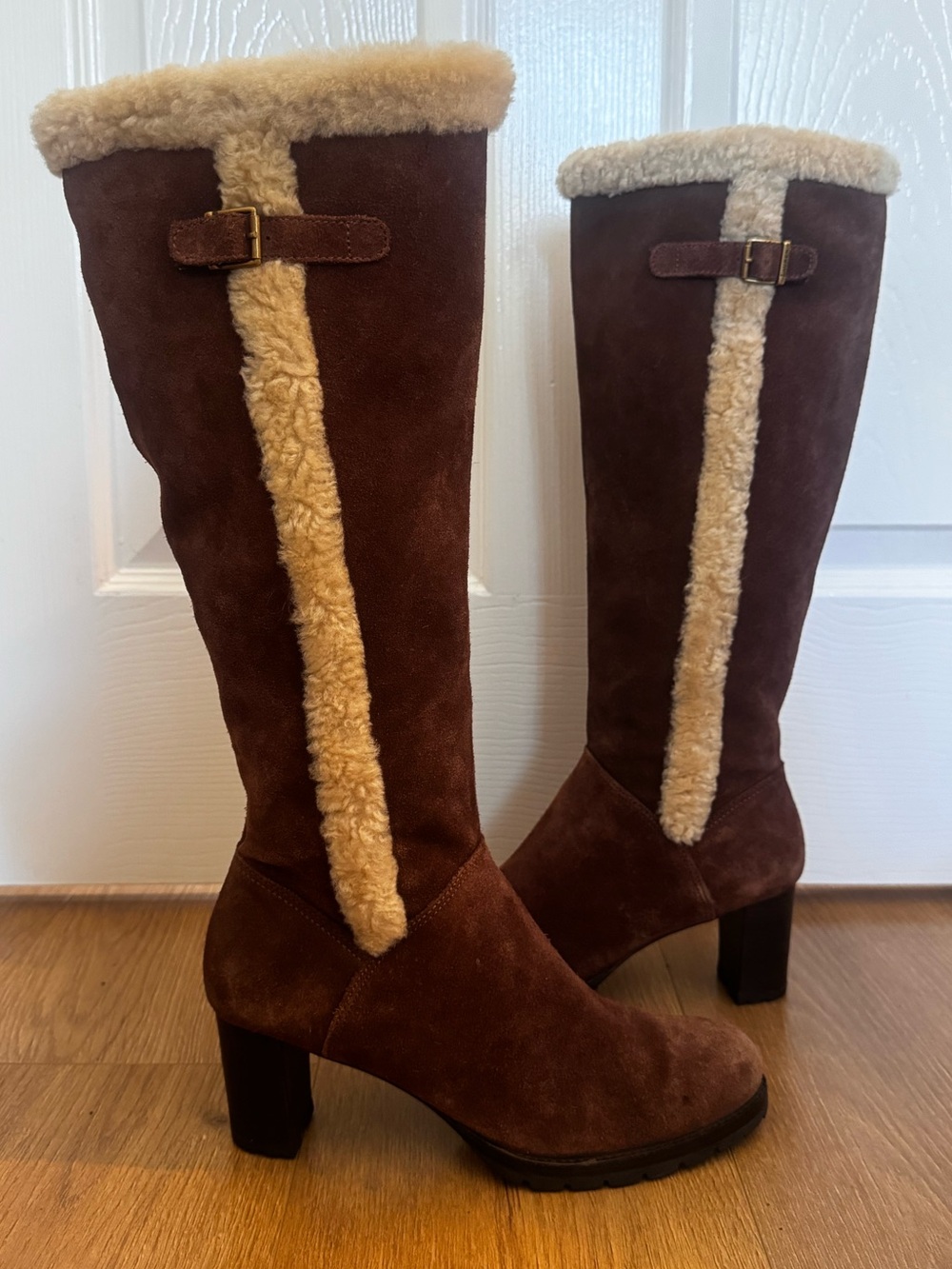 Ralph Lauren brown suede shearling sherpa boots tall block heel Y2K gold buckle